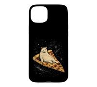 Custodia per iPhone 15 Plus Gatto che cavalca una fetta di pizza ai peperoni attraverso Galaxy Funny Space