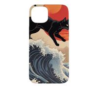 Custodia per iPhone 15 Plus Gatto giapponese che cammina sopra la grande onda Hokusai