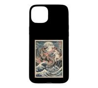 Custodia per iPhone 15 Plus Gatto vs T-Rex giapponese Ukiyo-e Kaiju Monster Art