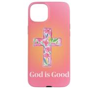 Custodia per iPhone 15 Plus God Is Good Rosa Ombre Floreale Croce Cristiana Carina Estiva