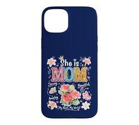 Custodia per iPhone 15 Plus Grafica floreale con scritta in inglese "She Is Mom Cute Mama Mother's Day"