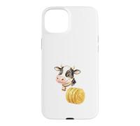 Custodia per iPhone 15 Plus Illustrazione Mucca Carina con Balla di Fieno Rotonda