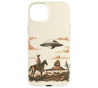 Custodia per iPhone 15 Plus Incontro Vintage tra Cowboy e Alieno nel Deserto