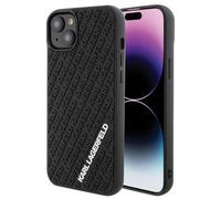 Custodia per iPhone 15 Plus Karl Lagerfeld 3D in gomma con logo multiplo, nera