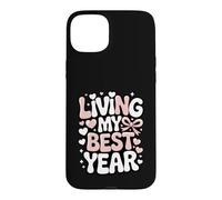 Custodia per iPhone 15 Plus Living My Best Year - Disegno tipografico pastello