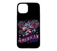 Custodia per iPhone 15 Plus Lupo Patriottico con Fuochi d'Artificio Americani