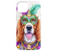 Custodia per iPhone 15 Plus Maschera per cani American English Coonhound, perline, modello Mardi Gras