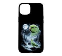 Custodia per iPhone 15 Plus Pappagallo indiano ringneck che ulula alla luna anni '90 retrò uccello