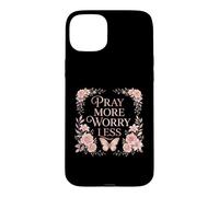 Custodia per iPhone 15 Plus Pray More Worry Less Butterfly Floral Christian Faith