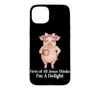 Custodia per iPhone 15 Plus Prima di tutto Jesus Thinks I'm A Delight Pig Coffee Meme