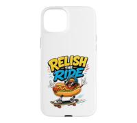 Custodia per iPhone 15 Plus Relish The Ride - Divertente skateboarder con hot dog