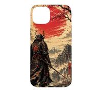 Custodia per iPhone 15 Plus Samurai all'alba sotto il sole cremisi