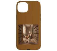 Custodia per iPhone 15 Plus Scena di lettura del libro del cane della biblioteca di Cavalier Spaniel