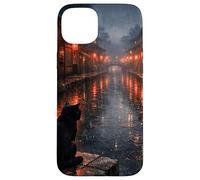 Custodia per iPhone 15 Plus Scena di strada piovosa del gatto nero del gatto nero giapponese