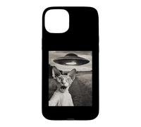 Custodia per iPhone 15 Plus Sphynx Cat Selfie Con Alien Ship UFO Abduction Retro Foto