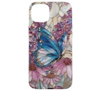 Custodia per iPhone 15 Plus Stained Glass Inspired Butterflies Purple and Blue Floral Ar