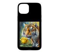 Custodia per iPhone 15 Plus Tiger Sniffing a Yellow Rose Illustration Graphic Design