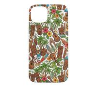 Custodia per iPhone 15 Plus Ukulele Tiki hawaiano con fiori di ibisco e palma