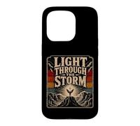 Custodia per iPhone 15 Pro Angelo croce cristiana con luce attraverso tempesta