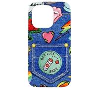 Custodia per iPhone 15 Pro Blue Denim Patch Pattern Bad Luck Babe 90s Design Estetico