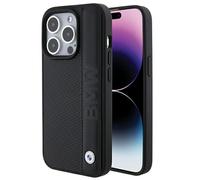 Custodia Per iPhone 15 Pro BMW In Vera Pelle Stampata Nera Con Logo In Metallo