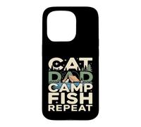 Custodia per iPhone 15 Pro Cat Dad Camp Fish Repeat divertente scena di campeggio