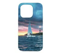 Custodia per iPhone 15 Pro Coastal Lighthouse Sailboat Ocean Sunset Scenic Artwork