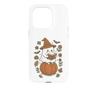 Custodia per iPhone 15 Pro Cozy Fall Ghost Reading on Pumpkin Retro Halloween Vibes