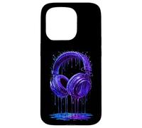 Custodia per iPhone 15 Pro Cuffie blu elettrico DJ Gamer Music Art Paint Drip