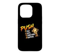 Custodia per iPhone 15 Pro Design a croce con scritta "PUSH Pray Until Something Faith"