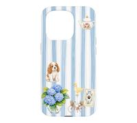 Custodia per iPhone 15 Pro Estetica Cottagecore Cavalier Ortensia A Righe Blu