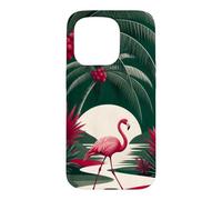 Custodia per iPhone 15 Pro Fenicottero che cammina sotto le palme ad arco