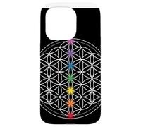 Custodia per iPhone 15 Pro fiore della vita con simboli chakra, geometria sacra mandala