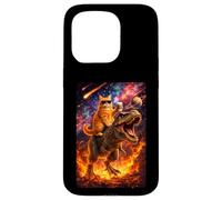 Custodia per iPhone 15 Pro Funny Coffee Orange Cat Riding T-Rex in Cosmic Galaxy UFO