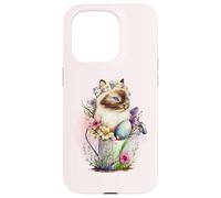 Custodia per iPhone 15 Pro Happy Easter Cat Easter Tea Cup Coffee Cat Siamese Floral