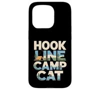Custodia per iPhone 15 Pro Hook Line Camp Cat Funny Camping Pesca