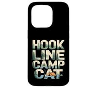 Custodia per iPhone 15 Pro Hook Line Camp Cat Funny Camping Pesca