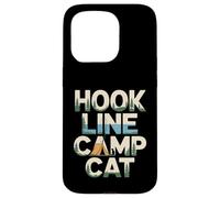 Custodia per iPhone 15 Pro Hook Line Camp Cat Funny Camping Pesca