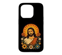 Custodia per iPhone 15 Pro Jesus Folk Art Sun Floral Christian Ritratto Icona Opera D'arte