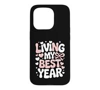 Custodia per iPhone 15 Pro Living My Best Year - Disegno tipografico pastello