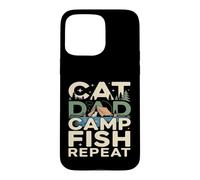 Custodia per iPhone 15 Pro Max Cat Dad Camp Fish Repeat divertente scena di campeggio