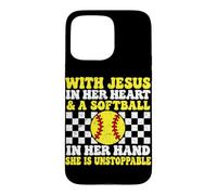 Custodia per iPhone 15 Pro Max Con Gesù nel suo cuore e un softball in mano cristiano