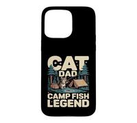 Custodia per iPhone 15 Pro Max Divertente scena da campeggio di Cat Dad Camp Fish Legend