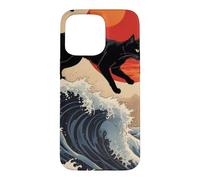 Custodia per iPhone 15 Pro Max Gatto giapponese che cammina sopra la grande onda Hokusai