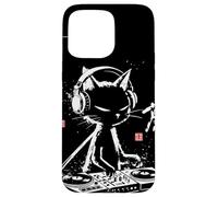 Custodia per iPhone 15 Pro Max Giradischi in vinile vintage calligrafico DJ Cat arte giapponese