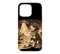 Custodia per iPhone 15 Pro Max Incontro Divertente tra Cani Cowboy e Alieni UFO