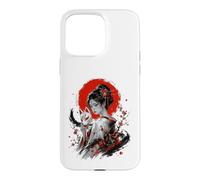Custodia per iPhone 15 Pro Max Kitsune Maschera Sakura Kimono Donna Inchiostro Giapponese Ritratto Art