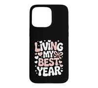 Custodia per iPhone 15 Pro Max Living My Best Year - Disegno tipografico pastello