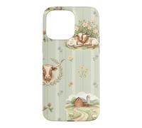 Custodia per iPhone 15 Pro Max Longhorn - Acquerello con prato e mucca, uccellino, fattoria, floreale