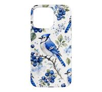 Custodia per iPhone 15 Pro Max Modello di uccello della frutta dei mirtilli della ghiandaia blu dell'acquerello